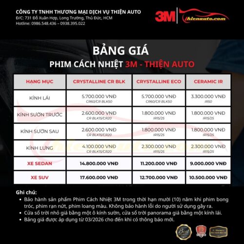 Bảng giá phim cách nhiệt 3M 2026 tại Thiện Auto