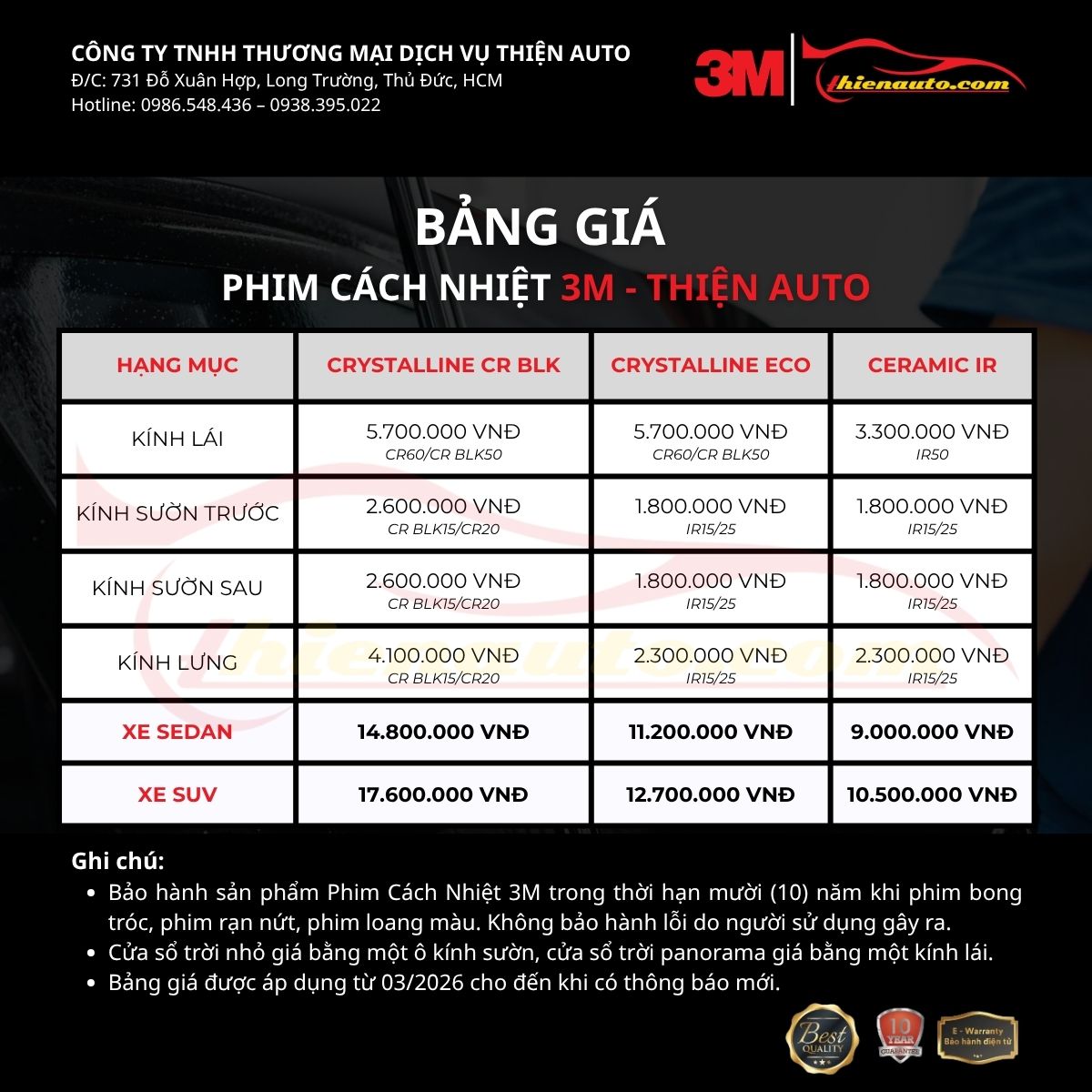 Bảng giá phim cách nhiệt 3M 2026 tại Thiện Auto