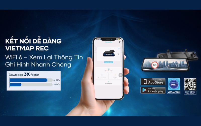 Camera hành trình gương Vietmap R440 kết nối Vietmap REC Wifi 6
