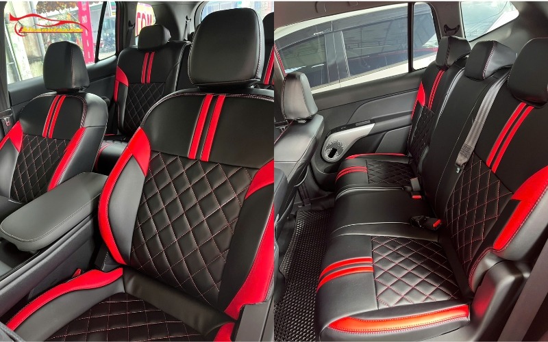 Bọc ghế da Mitsubishi Destinator mẫu quả trám và phối hai màu đỏ đen 