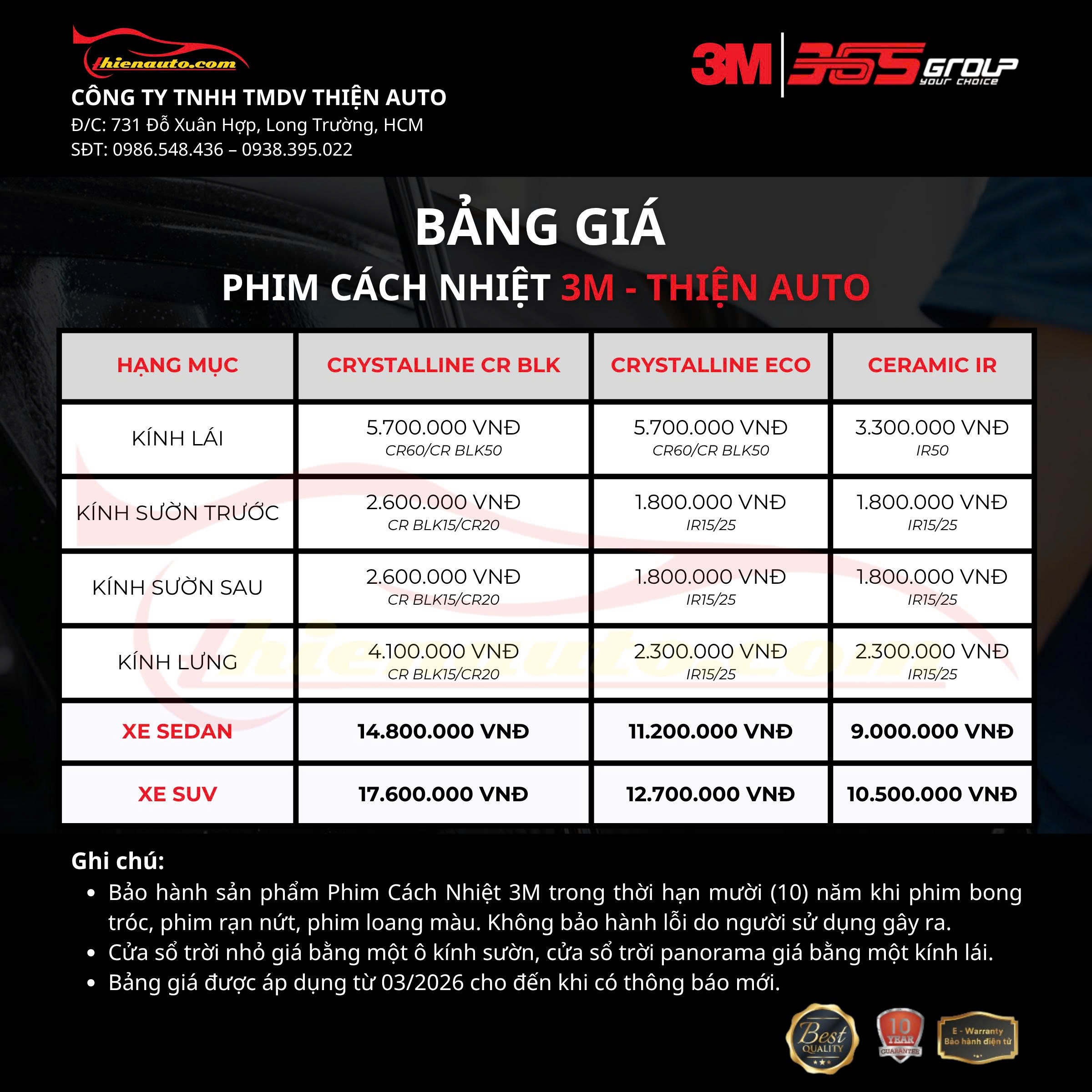 Bảng giá dán phim cách nhiệt 3M 2026