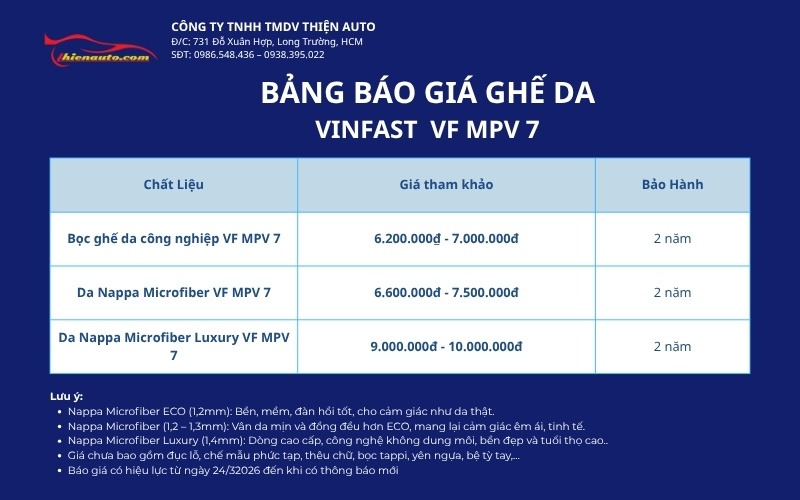 Bọc ghế da Vinfast VF MPV 7 nâng tầm thẩm mỹ nội thất xe