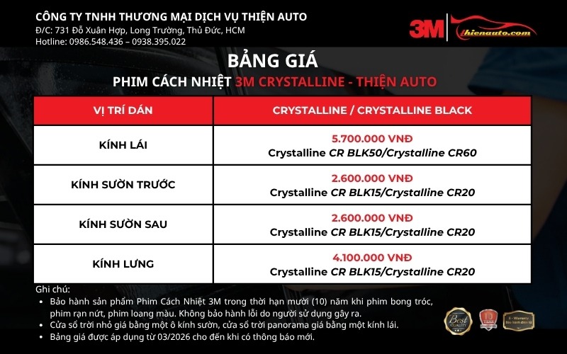 Phim cách nhiệt 3M Crystalline giá bao nhiêu? Bảng giá 7/2026 Phim cách nhiệt 3M Crystalline giá bao nhiêu?
