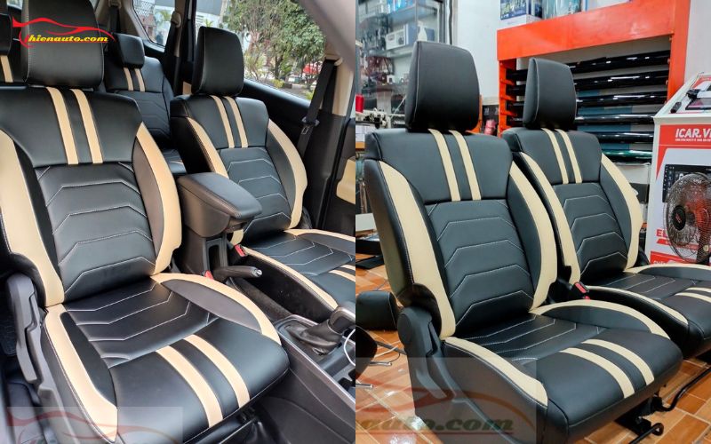 Mẫu ghế da ô tô màu đen phối kem sự tương phản giữa hai tông màu giúp khoang nội thất sáng hơn