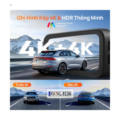 Camera hành trình 70mai A900: Ghi hình trước sau 4K HDR, góc quay rộng 140°
