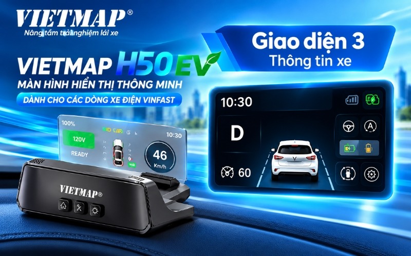 Vietmap HUD H50 EV - Màn hình hiển thị thông minh Màn hình hiển thị thông minh HUD H50 EV hiển thị nhiều dữ liệu thông tin trên xe